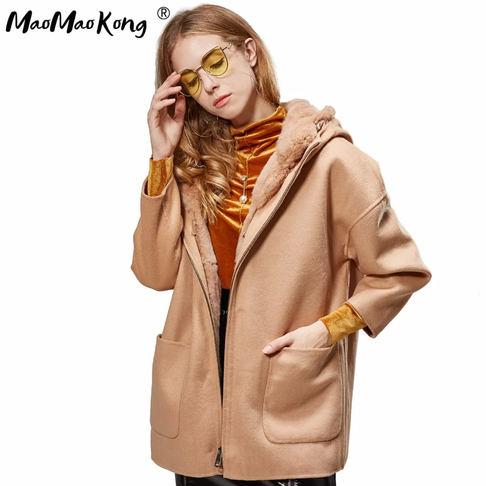 MAOMAOKONG-Manteau double face en pure laine et cachemire pour femme, pardessus à capuche avec col en fourrure véritable, doublure en fourrure de lapin Rex, jointures en laine