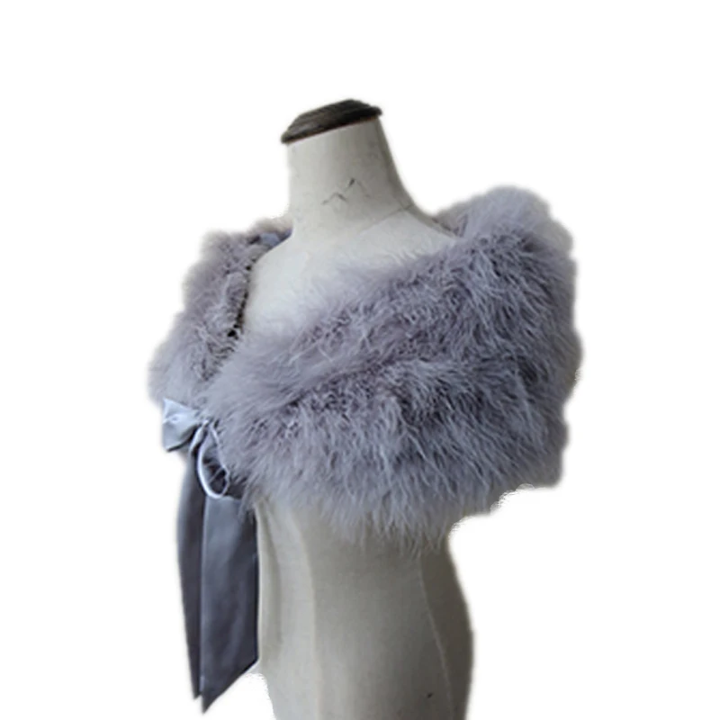 Women\'s Real Ostrich Feather Fur Shawl Wraps Female Wedding Party Cape Warm Scarf Purple GRAY