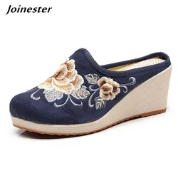 Floral Embroidered Women Slippers Summer Wedges Sandals Ladies Platform Shoes Vintage Pumps Slides Casual Creepers Shoes