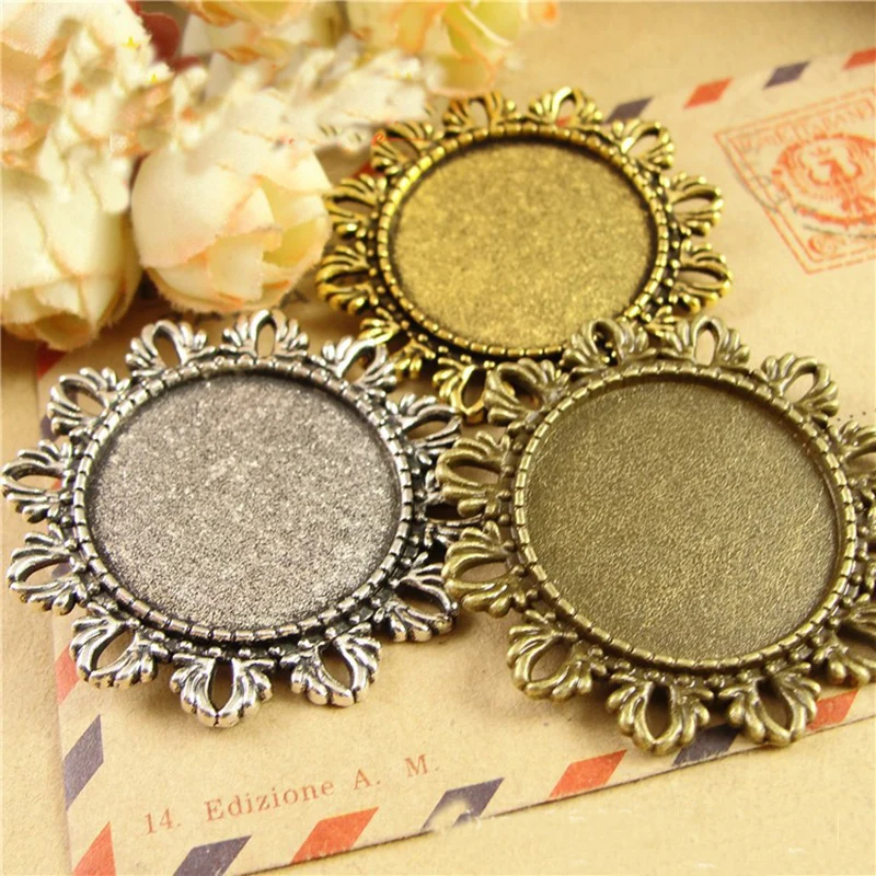 

5pcs Vintage Flower Pendant Cabochon Base Settings Bezel Trays Blank Fit 25mm Cabochons Beads DIY Necklace Making