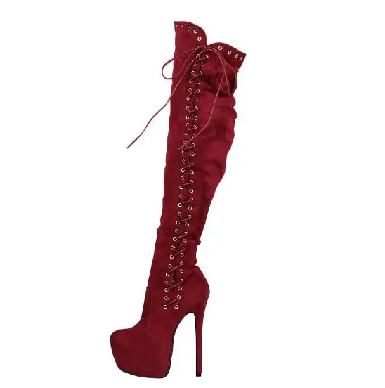 

burgundy Suede Leather Over The Knee Boots Womens Round Toe Side Lace-up High Platform Winter Long Boots Thin Heels High Boots