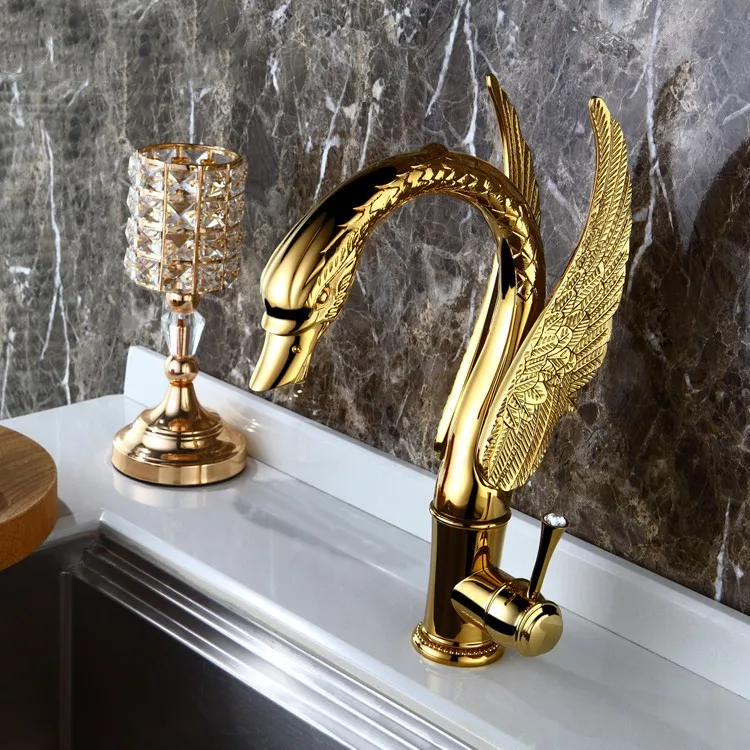 Luxury gold brass bathroom sink faucet Swan Art cold and hot water basin faucet Top quality golden tap