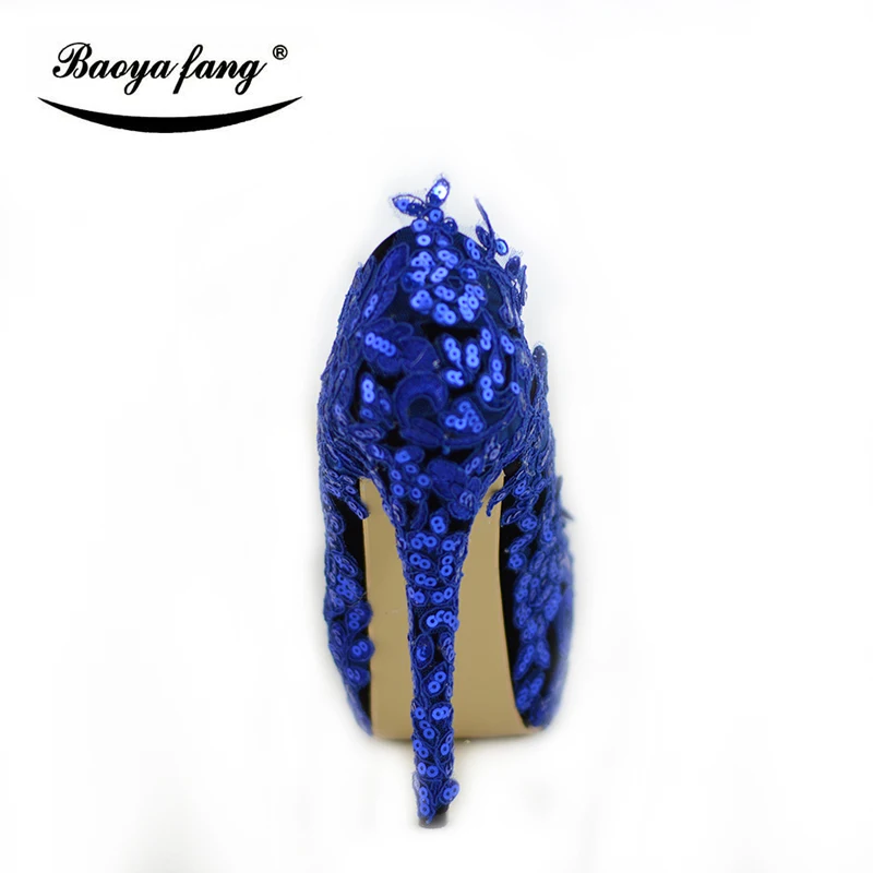 BaoYaFang Blue Lace flower wedding shoes women Bridal High heels Platform shoes woman party dress shoes super big size 45