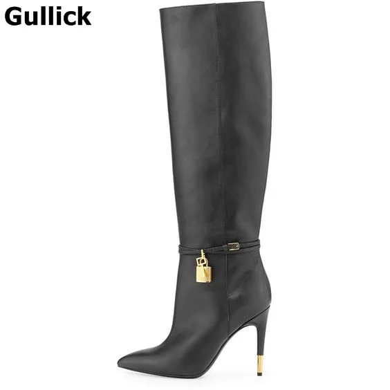 

Gullick Winter Burgundy Smooth Leather Women Knee High Boots Sexy Pointy Toe Ankle Buckles Ladies High Heel Boots