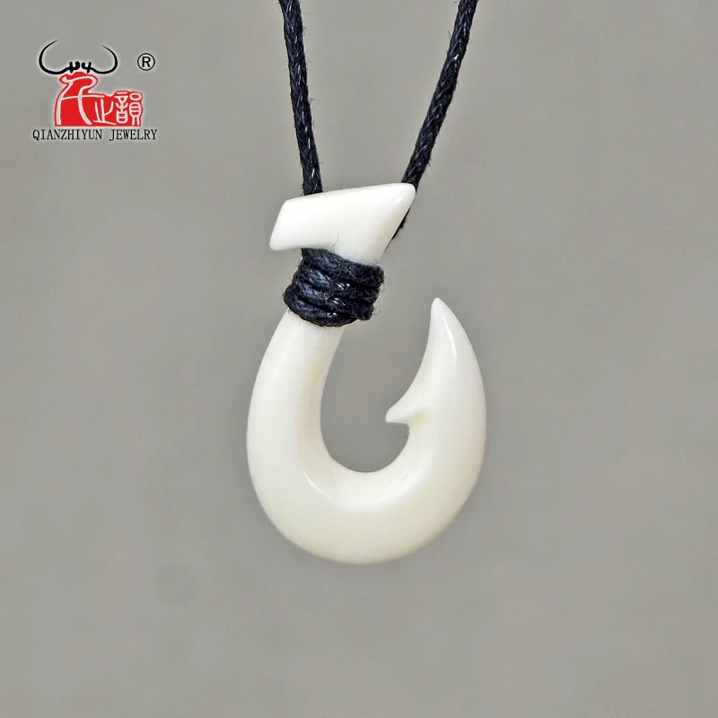 GX001 Handmade Man Jewelry Primitive tribes New Zealand Maori Pendant Yak Bone Fish Hook Choker Womens Necklace for surfing