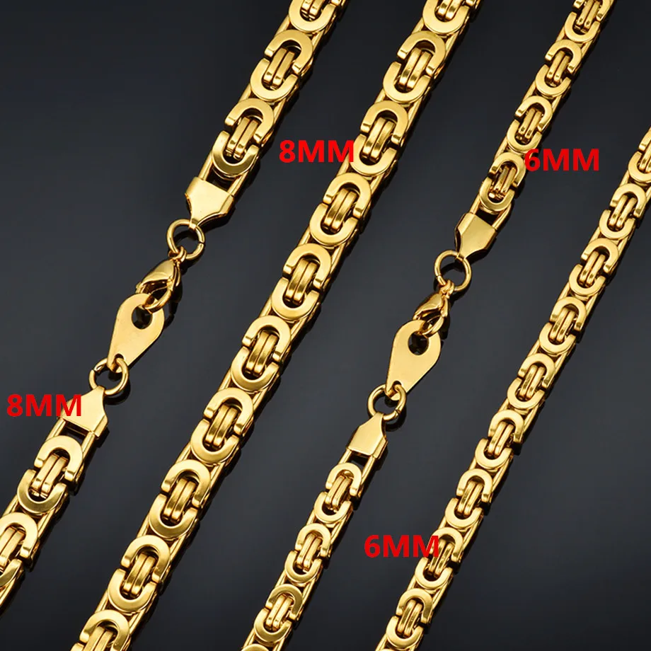 8mm Men\'s Thick Chain Stainless Steel Long Gold Color Byzantine Link Chain Necklace Hip Hop Jewelry Dropshipping Wholesale