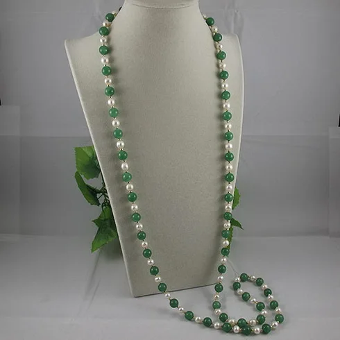 Terisa Pearljewelry Perfect White Color AA 7-8MM Freshwater Pearl Necklace 10MM Green J-ade Beads 120cm Long Necklace