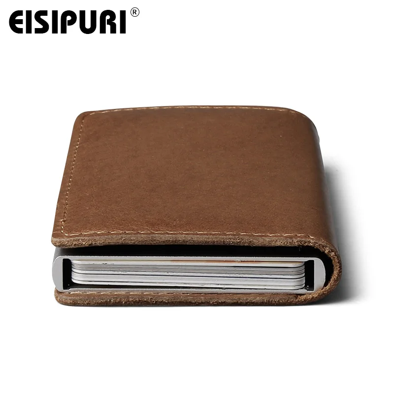 EISIPURI Men Blocking Rfid Wallet Mini Genuine Leather Business Aluminium Credit Card Holder Purse Automatic Pop Up Card Case