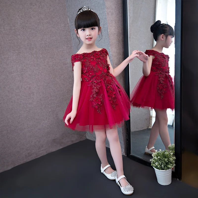 

Red Lace Flower Girl Dress Shoulderless Appliques Pageant Wedding Dress Girl Elegant Formal Teenagers Girls Party Dress