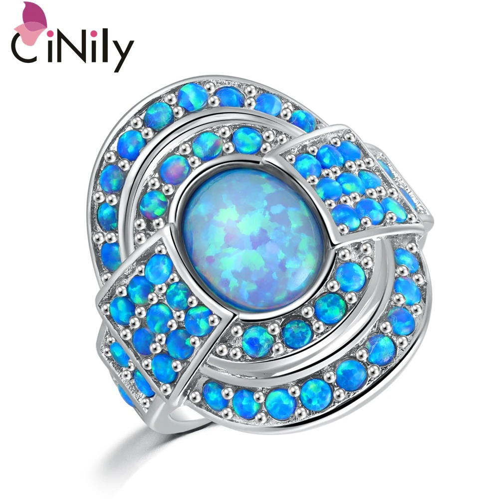 CiNily Vintage Blue Fire Opal Rings With Stone Silver Plated Luxury Large Bohemia BOHO Summer Cocktail Party Fully-Jewelled