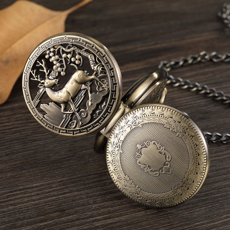 Jam Tangan Saku Mekanis Rusa Perunggu Antik Jam Tangan Rantai Rantai Rantai Rantai Rantai Unisex Berongga Steampunk Pria Hadiah Jam Tangan Hitam