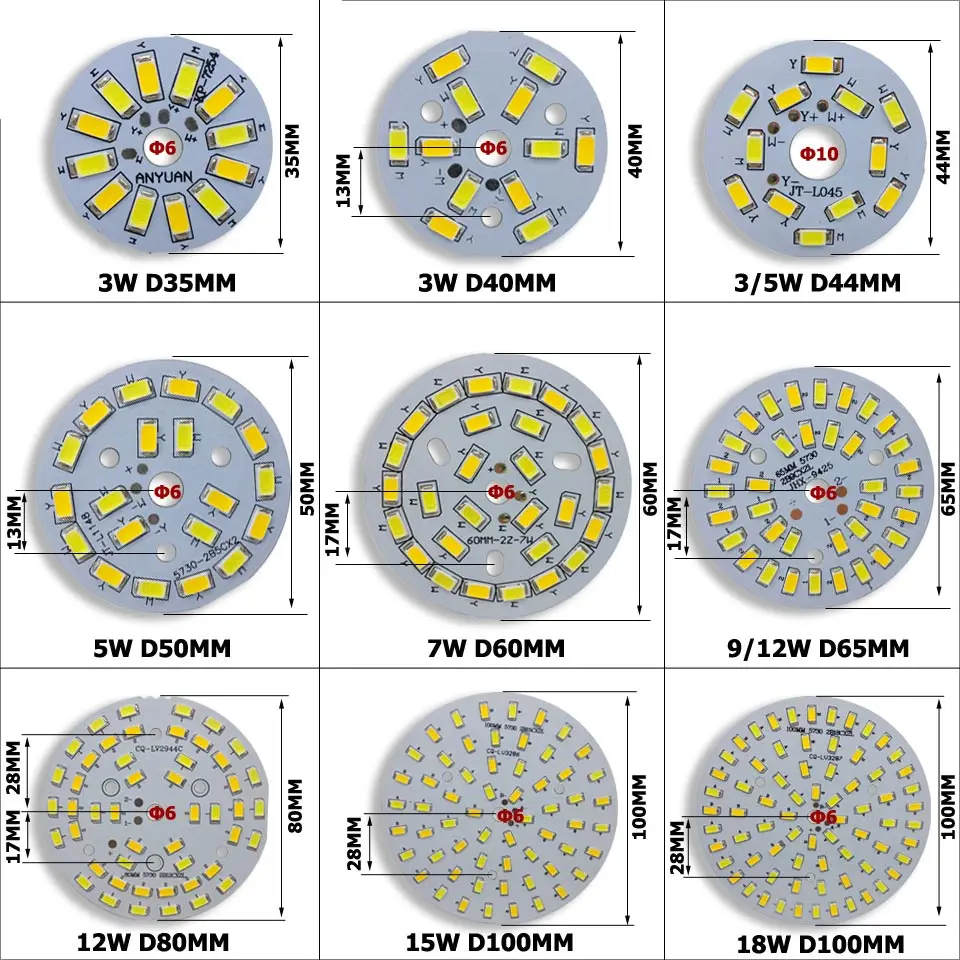 LED PCB SMD5730 Źródło światła panel lampy Trzy kolory Ściemnialne 3/5W 7W 9W 12W 15W 18W Aluminiowa płyta do żarówki led downlight diy