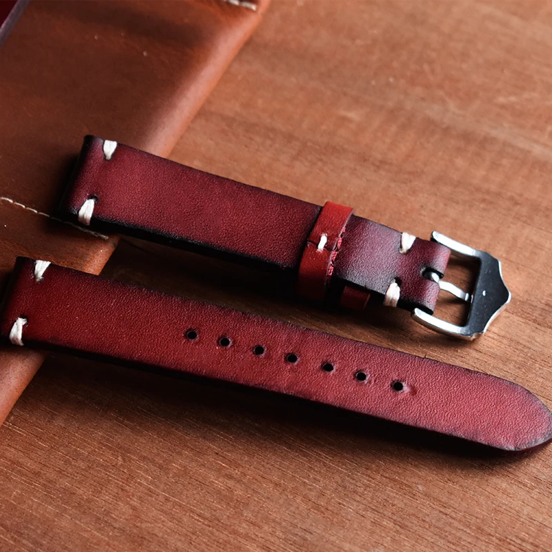 ONTHELEVEL Handmade Vintage Watchband Genuine Leather Watch Strap Red/Black/Blue Replacement Band Buckle 20mm