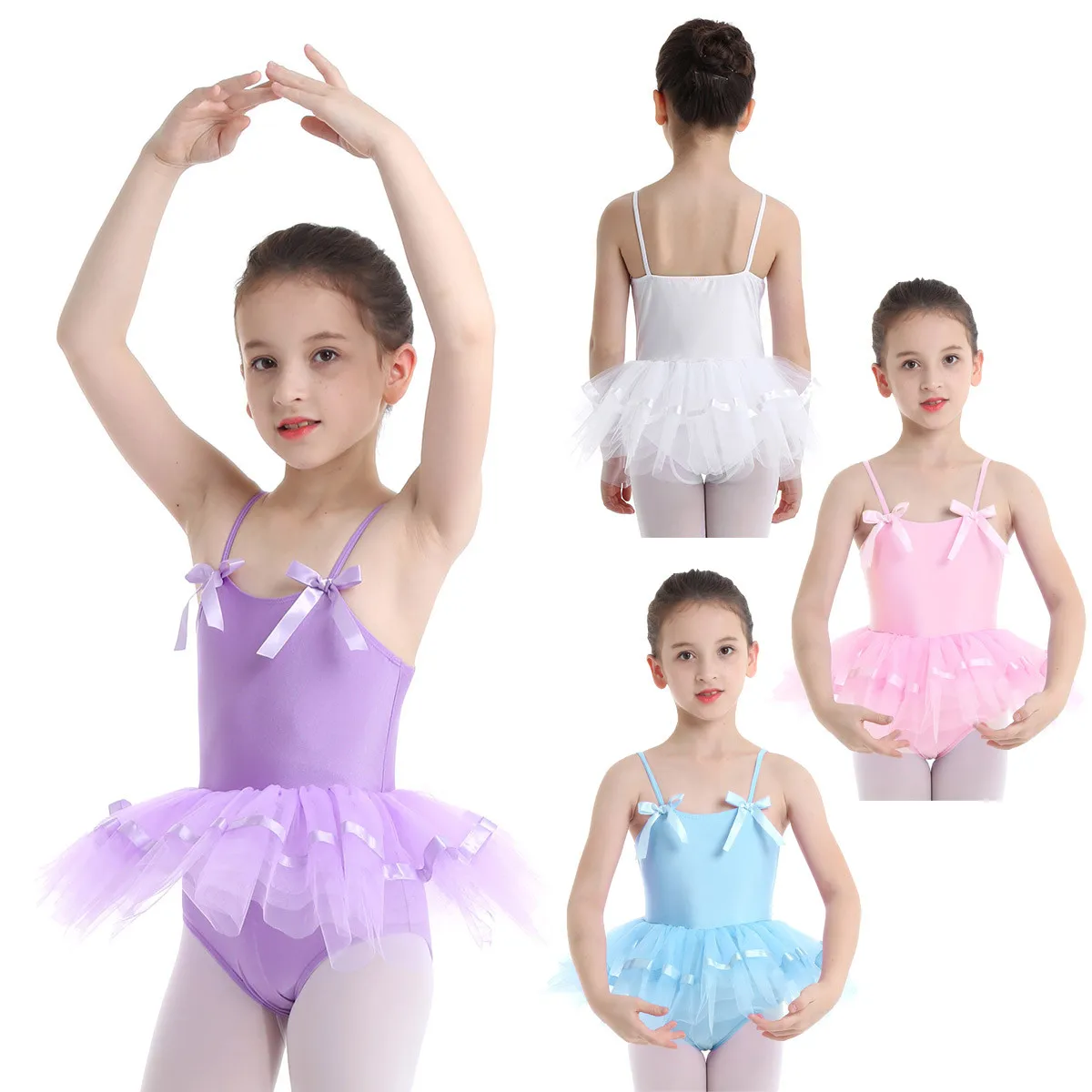 Kids Girls Ballet Tutu Dress Spaghetti Shoulder Straps with Bowties Ballet Dance Dress Gymnastics Leotard for Girl Dance Wear