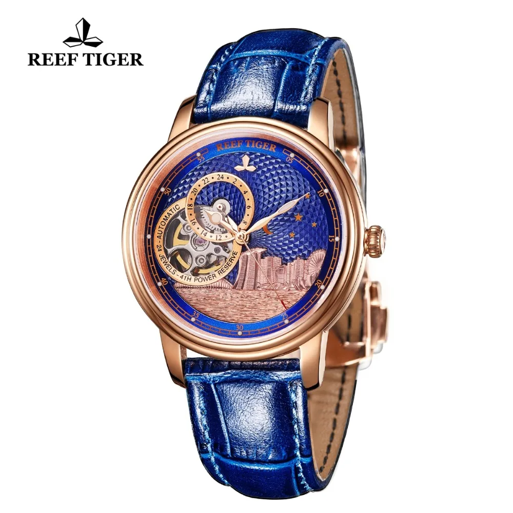 Reef Tiger/RT Top Brand Luxury Watches Mens Rose Gold Blue Mechanical Watch Tourbillon Fashion Watch Clock Relojio RGA1739