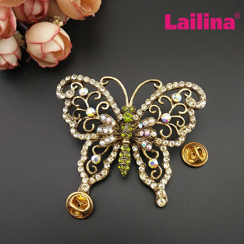 20pcs/lot Antique Gold-tone Butterfly Rhinestone Crystal Insects Brooch Pin Vintage Luxurious Elegant Pendant / Brooches