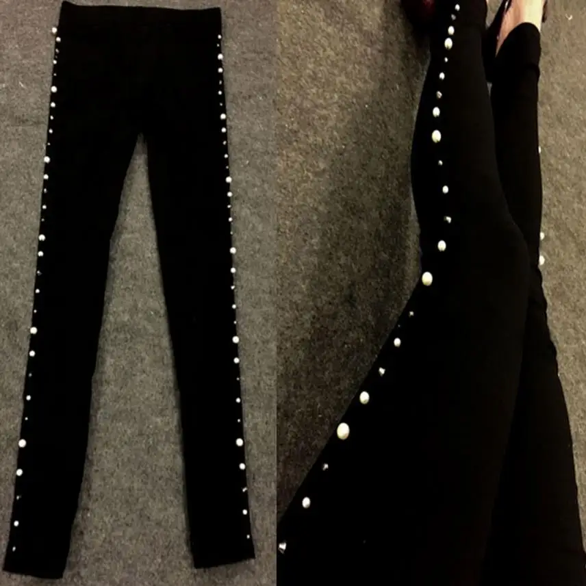 Women Leggings Rhinstone Trousers Cotton Stretch Rivet Beading pant