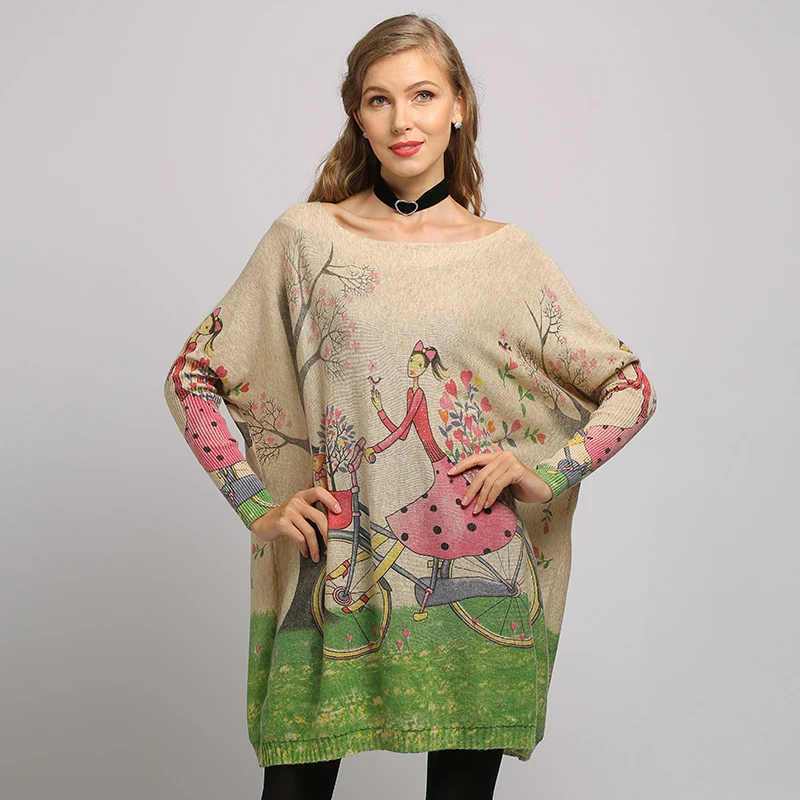 XIKOI Winter Oversized Sweater For Women Knitted Pullover Dress Smile Lucky Girl Print Pull Femme Beautiful Casual Loose Clothes