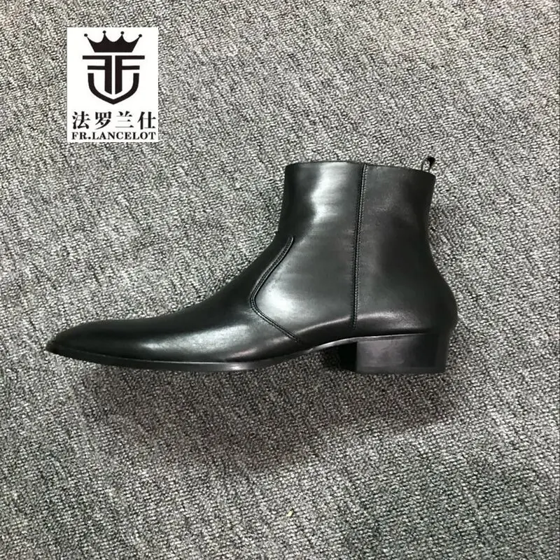 

FR.LANCELOT New Men real leather boots European men chelsea boot pointed toe men zip up boots party shoes med heel mujer botas