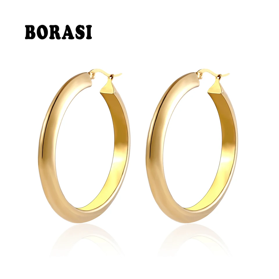 BORASI Thick Circle Round Big Long Dangle Earring Hyperbole Stainless Steel Gold Color Large Earrings For Women Fashion Jewelry