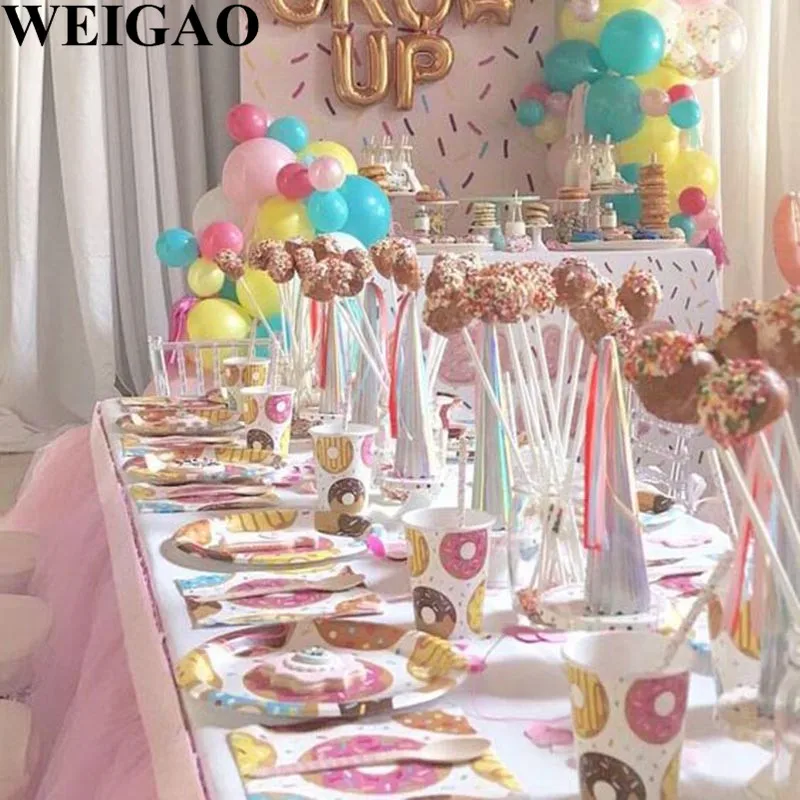 WEIGAO Donut Party Plate Cup Napkins Tablecloth Banner Birthday Party Disposable Tableware Set 1st Birthday Decor Party Supplies
