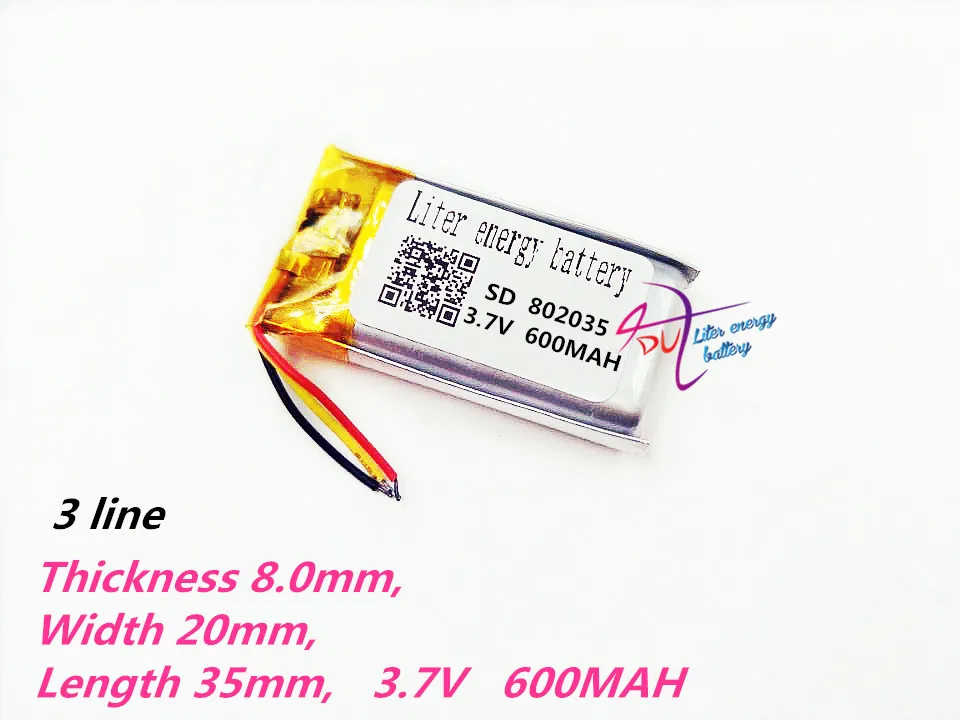 3-przewodowa bateria polimerowa 802035 3,7 V 600 MAH inteligentne domowe głośniki MP3 Akumulator litowo-jonowy do rejestratora DVR, GPS, MP3, MP4,