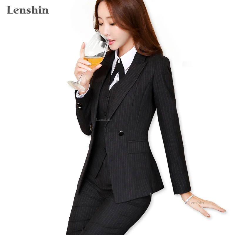 Lenshin 2 Pieces Set High-Quality Black Soft Striped Pant Suits Office Lady Business Uniform Style Women Formal Work Wear