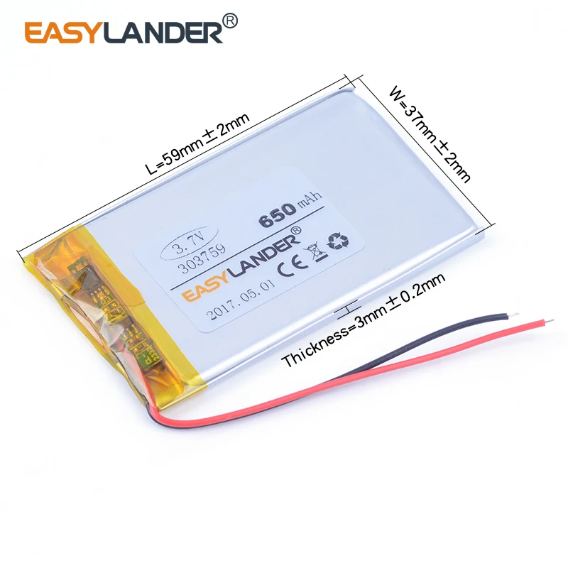 303759 3.7V 650mAh Rechargeable Lithium Li-ion Polymer Battery FOR GPS E-BOOK DVR MP3 ,P4