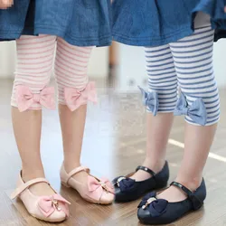 2025 Hot Summer 2 3 4 5 6 8 9 10 Years Old Children Birthday Capris Patchwork Kids Girls Bow Striped Half Knee Length Leggings