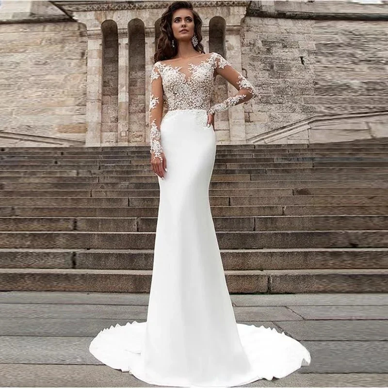 Vestido de novia de manga larga, corsé de ilusión, Apliques de encaje, botón trasero, vestido de novia Civil, alta calidad