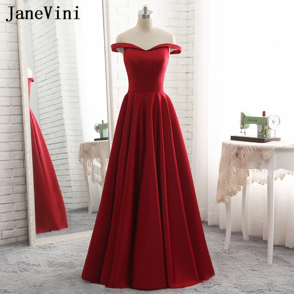 

JaneVini Simple Burgundy Bridesmaid Dresses A Line Pleats Boat Neck Backless Satin Formal Prom Gowns Vestidos De Fiestas Largos