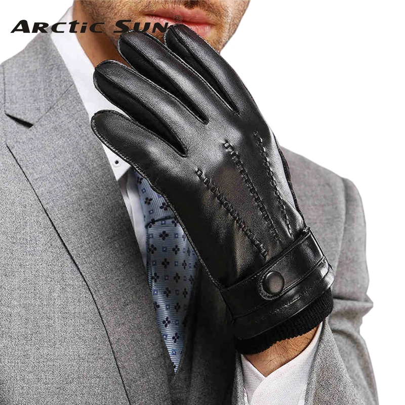 Direct Selling Wrist Men Gloves Thermal Winter Driving Glove Fashion Black Genuine Leather Top Quality Goatskin Rushed M016WZ