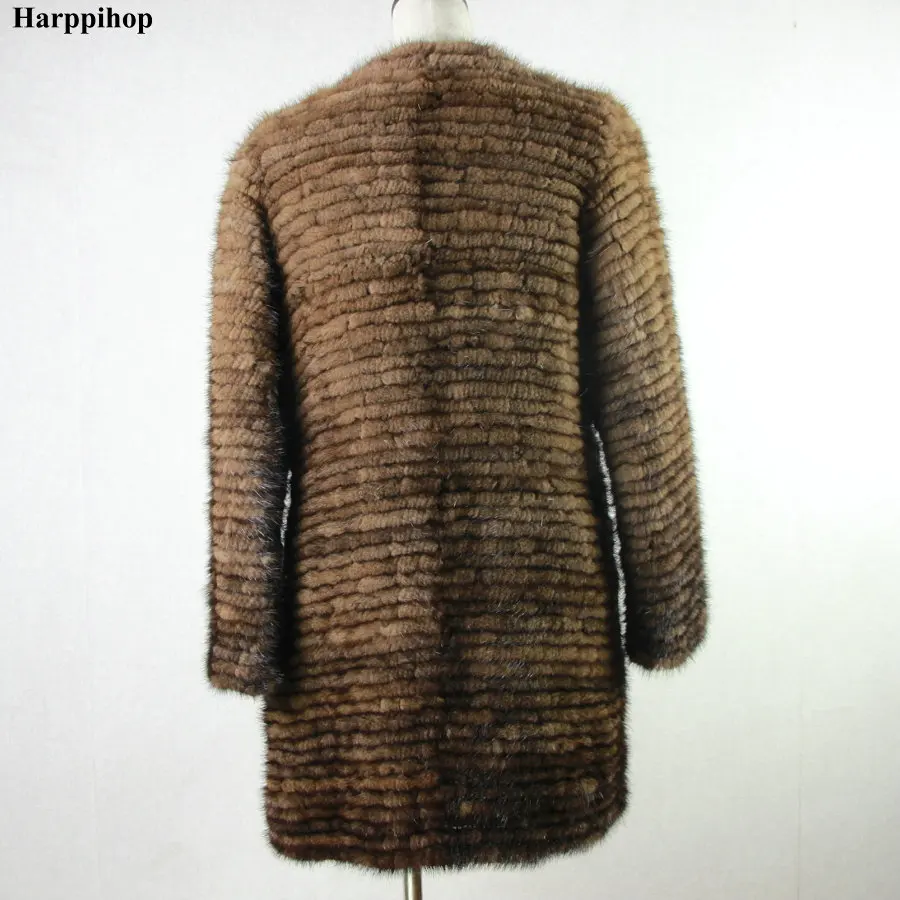 Echte gestrickte Nerzpelzjacke für Frauen, Top-Mode, natürlicher Streifen, Nerzpelzmantel, 2019, neuer langer, schlanker, echter Pelzmantel, Größe