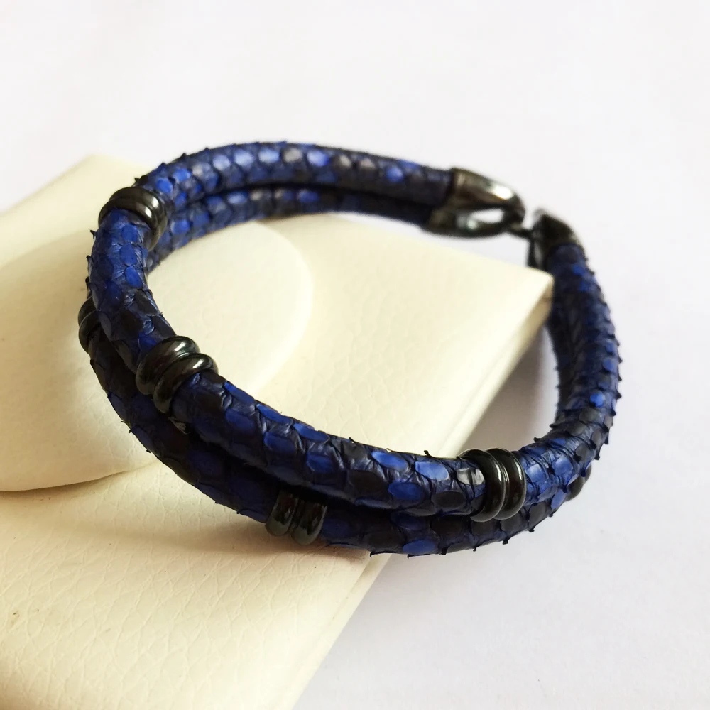 Lovers' Blue Python Skin Leather Bracelets Real Python Skin Leather With Steel Buckle Bracelet With Beads Bracelet