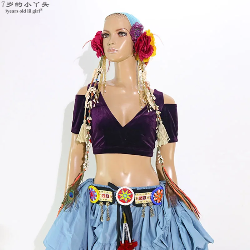 Top de terciopelo para danza del vientre, traje Tribal Choli, Top de manga corta, CJJ36