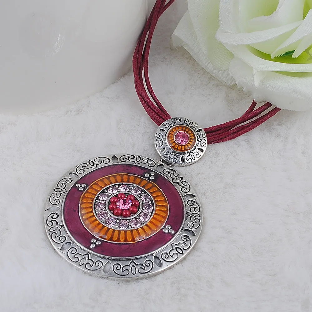 Fashion Bohemia Style Trendy Necklace Pendant Vintage Round Zinc Alloy Enamel Rhinestone Bead Statement