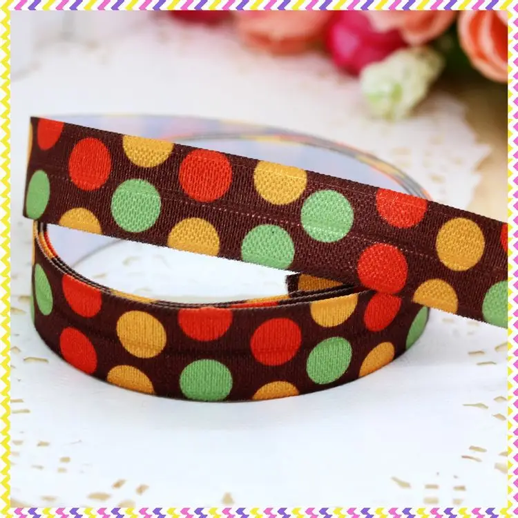 DHK 5/8'' 5yards Fold Over Elastic FOE polka thanks printed headband headwear hair band diy decoration OEM Wholesale C305