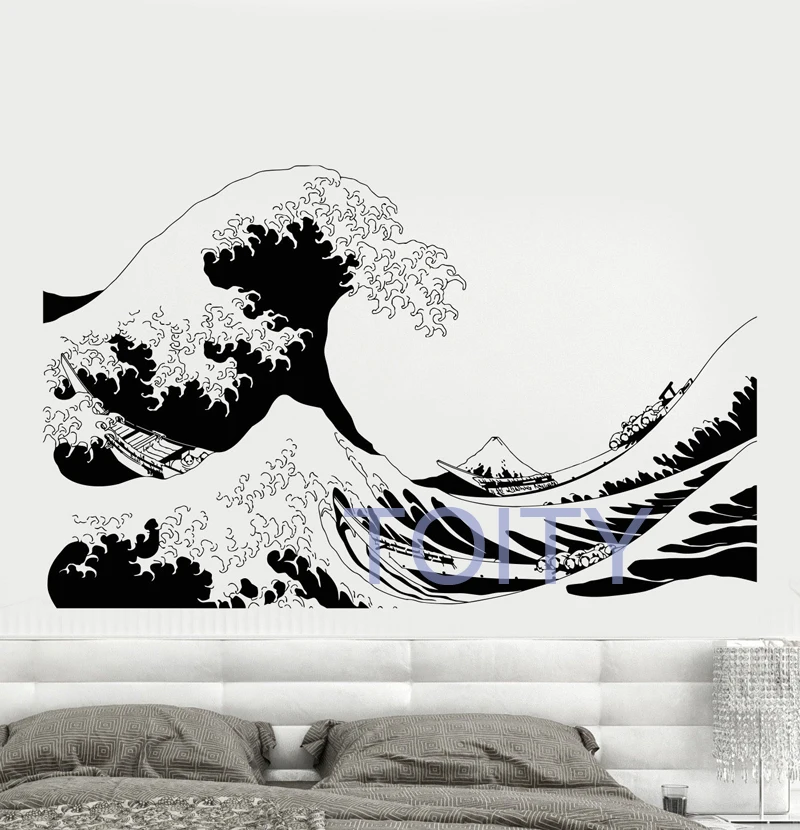 The Great Wave of Kanagawa Wall Decal Japanese Sailors Boat Vinyl Sticker Home Interior Room Decor Mural Housewares H57cmxW91cm