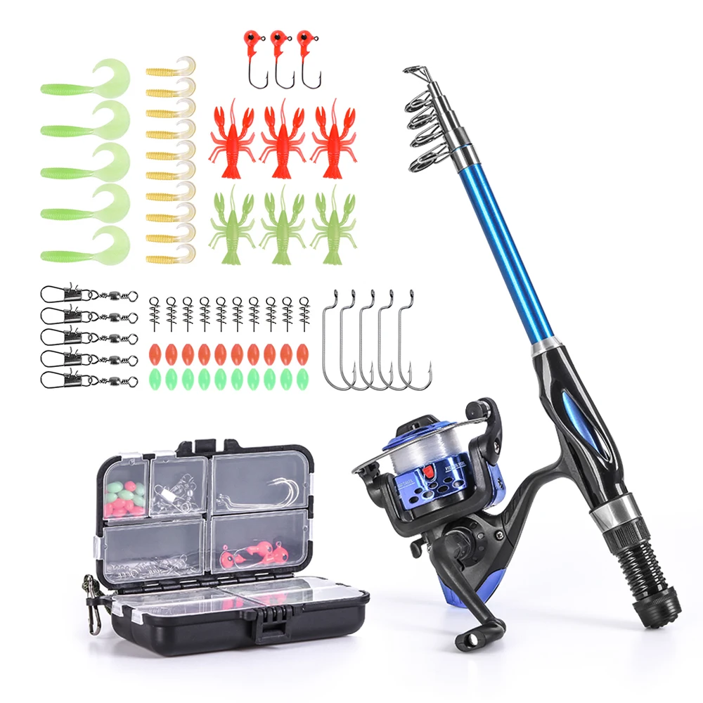 Fishing Rod Reel Combo Full Kit 1.5m Telescopic Fishing Rod Spinning Reel Set with Hooks Soft Lures Barrel Swivels Storage Bag