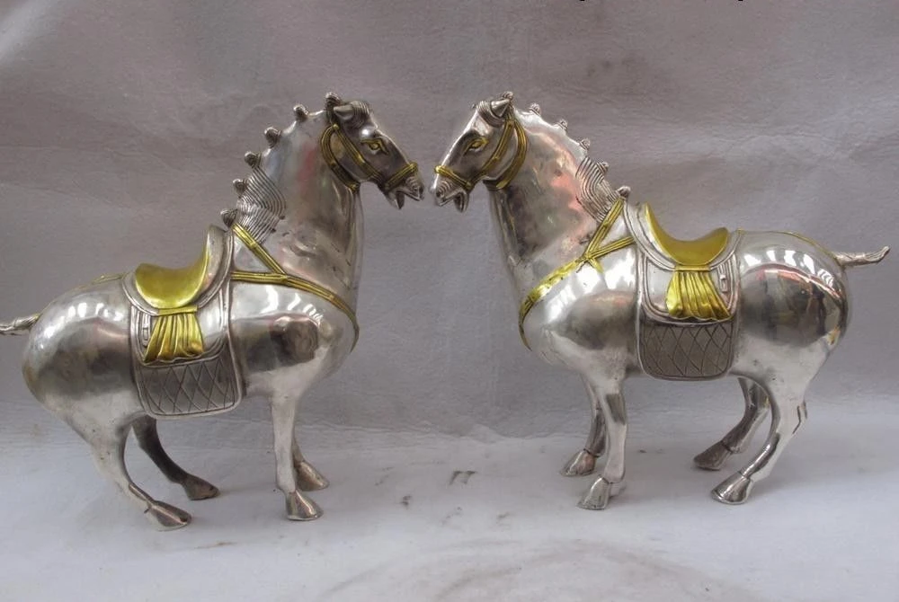 A Pair 30CM Chinese Royal White copper silver Lucky Steed Tangma War Horse Statue