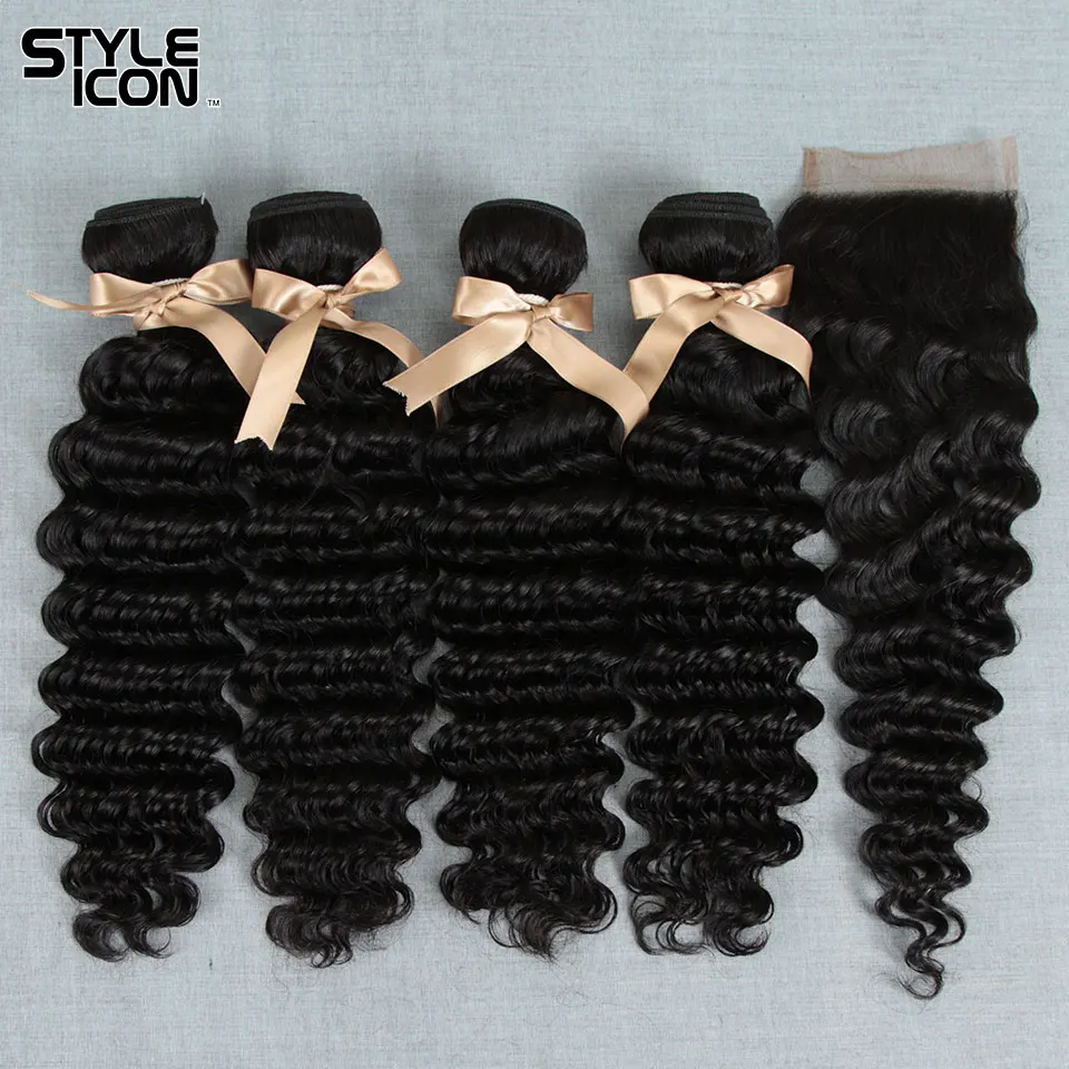 Styleicon Malaysian Deep Wave With Closure Natural Color Deep Curly Bundles With Closure Deep Wave Non-Remy Hair With Closure