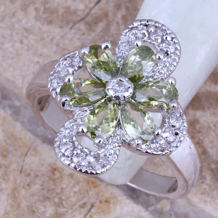 Smooth Green Peridot White CZ Silver Plated Stamped Flower Ring Size 6 / 7 / 8 / 9 R0187