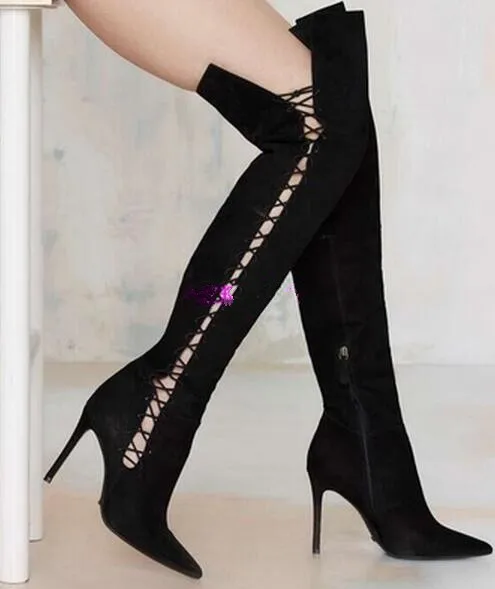 Free shipping 2017 new cut-outs lace up black over the knee motorcycle boots sexy pointed toe high heels long boots