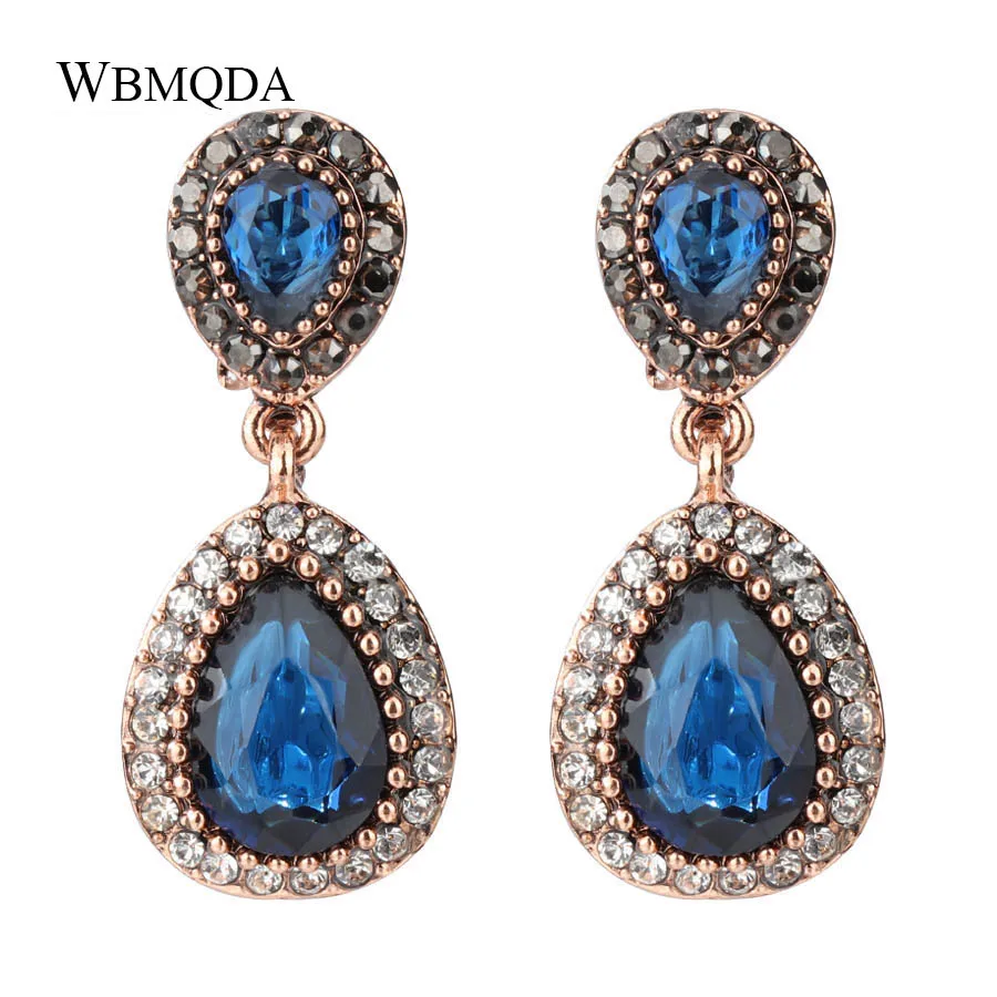 Vintage Big Blue Red Stone Drop Earings Antique Gold Crystal Statement Earrings For Women Fashion Turkish Jewelry 2018