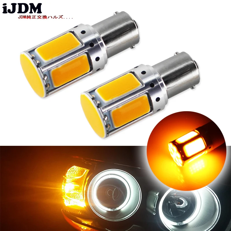 2pcs No Resistor Required Amber Yellow COB LED 1156 7506 7528 BA15s P21W  LED Bulbs For Front Turn Signal Lights(No Hyper Flash)