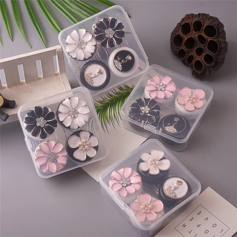 2 Pairs New Resin Flowers Mixed Color Contact Lenses Case For Women With Transparent Box Lens Container Holder Travel Kit