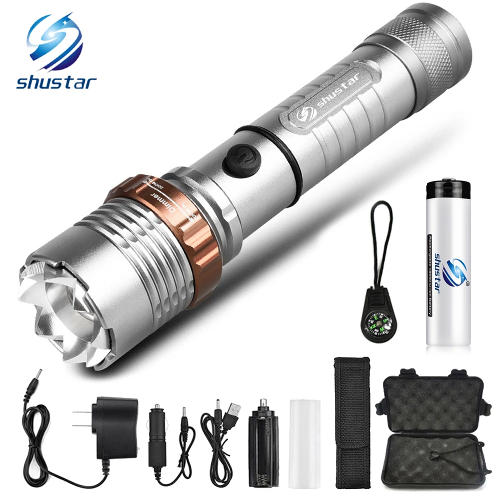 Powerful LED Flashlight With Attack head Self-defense Torch Support zoom 5 lighting modes Powered by 18650 battery with compass