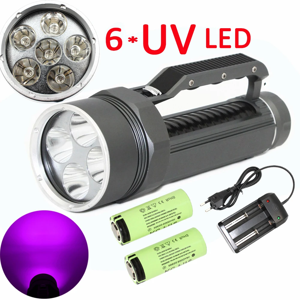 Poderoso subaquático 395nm roxo luz mergulho lanterna 6x uv led ultravioleta à prova dultraviolet água caça tocha busca escorpião/âmbar