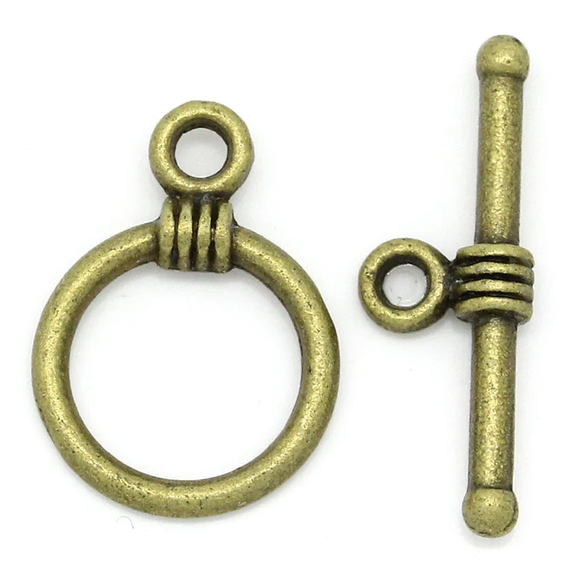 8SEASONS Toggle Clasps Round Antique Bronze 16x11mm 19x6mm,100 Sets (B28529)