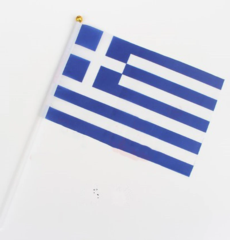 14 * 21 CM Greek Flag Polyester standard Flag hand waving flags  Greece Flag with Plastic Flagpoles 5pcs